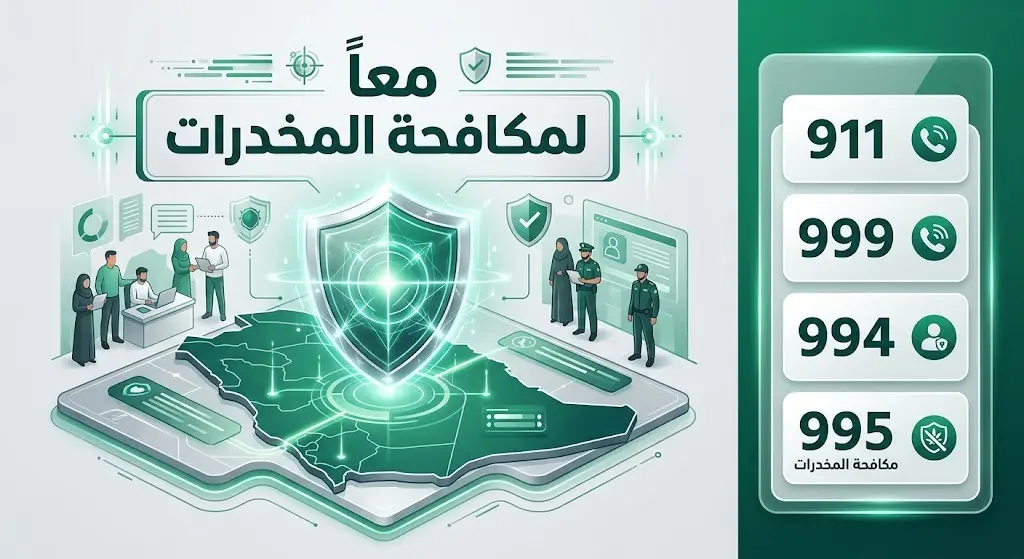 تصميم إبداعي يبرز دور الجهات الأمنية في حماية المجتمع وأرقام التواصل للإبلاغ عن مهربي المخدرات.