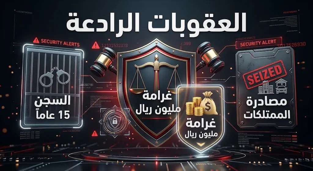 تصميم بصري إبداعي يبرز العقوبات المشددة بحق المتسترين ومسهلي دخول المخالفين، متضمناً السجن والغرامة المليونية.