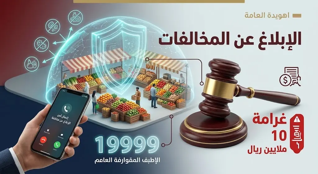 تصميم مرئي يستعرض الإجراءات النظامية الصارمة ضد المخالفين للاشتراطات الصحية، مع إبراز رقم الإبلاغ الموحد 19999.
