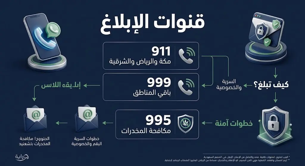 إنفوجرافيك يستعرض أرقام وقنوات الإبلاغ المعتمدة للتواصل مع الجهات الأمنية بسرية تامة لضمان حماية المجتمع.