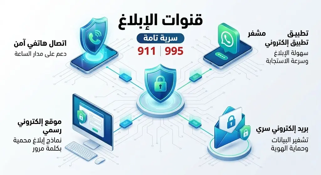 تصميم معلوماتي يستعرض أرقام قنوات الإبلاغ الآمنة مثل 911 و995 للتواصل مع الجهات الأمنية بسرية تامة.