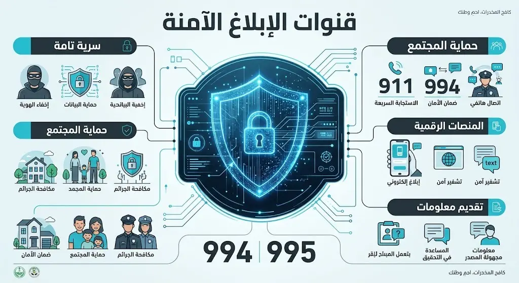 تصميم معلوماتي يعرض أرقام وقنوات الإبلاغ الآمنة عن مروجي المخدرات مع التأكيد على سرية المبلّغ.