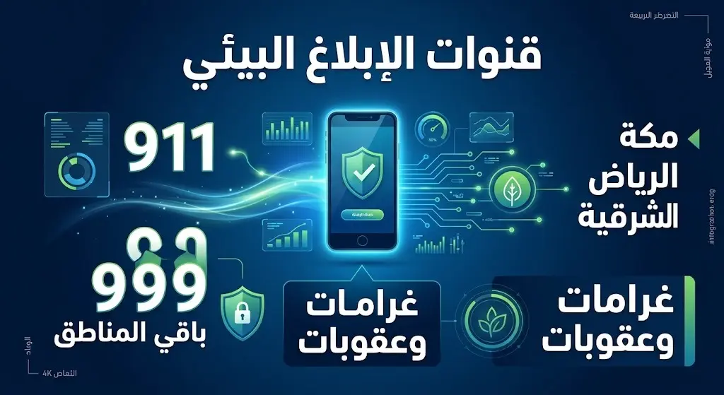 إنفوجرافيك يستعرض أرقام قنوات الإبلاغ المعتمدة عن المخالفات البيئية في مناطق المملكة المختلفة، مع إبراز الإجراءات النظامية الرادعة.