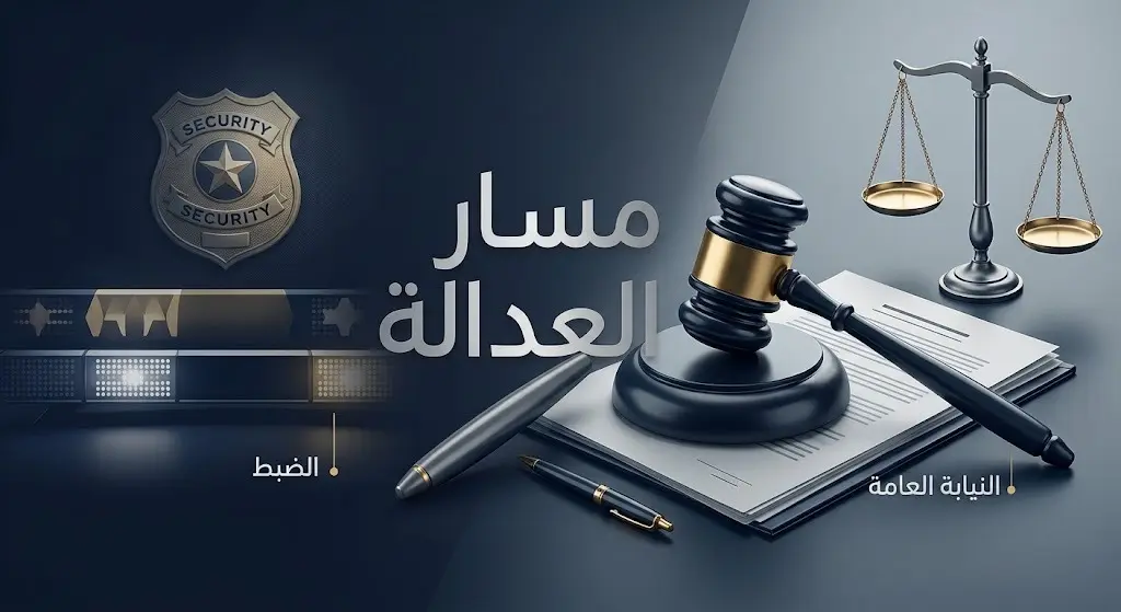 تصميم تعبيري يدمج بين الشارات الأمنية وميزان العدالة للإشارة إلى الإجراءات النظامية ومسار إحالة المقبوض عليهم إلى النيابة العامة.