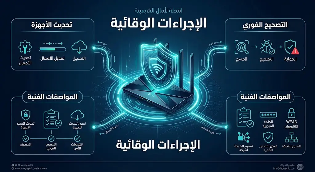 إنفوجرافيك أمني احترافي يوضح الإجراءات الوقائية الثلاثة لحماية أجهزة الشبكات اللاسلكية من الثغرات، متضمناً تحديث الأجهزة والتصحيح الفوري.