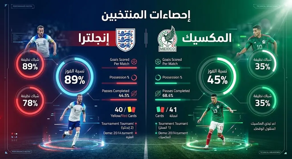 مقارنة بصرية للإحصاءات الفنية والرقمية بين إنجلترا والمكسيك في كأس العالم.