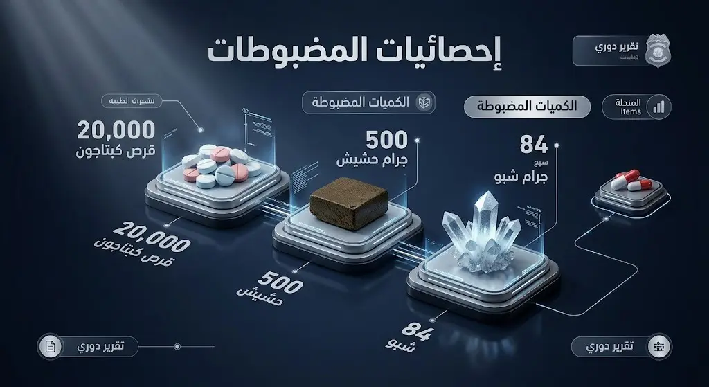 إنفوجرافيك يوضح الإحصائيات الكاملة للمواد المخدرة التي ضبطتها الداخلية الكويتية وتشمل الكبتاجون والحشيش والشبو.