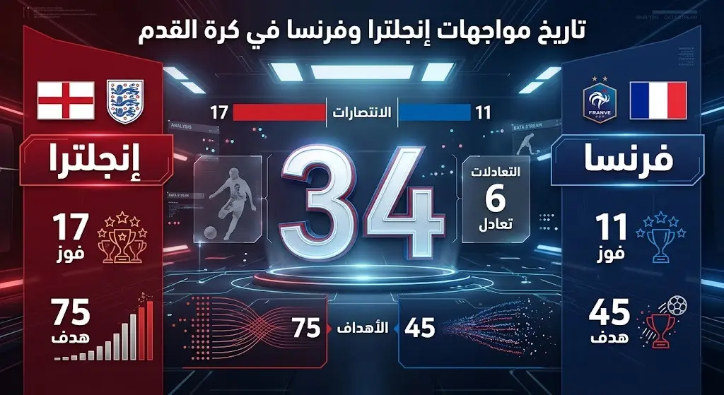 إنفوجرافيك يوضح الإحصائية الشاملة للمواجهات التاريخية بين منتخبي إنجلترا وفرنسا، متضمناً عدد الانتصارات والأهداف.