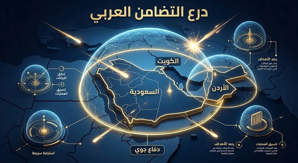 تصميم إنفوجرافيك يوضح التضامن العربي والدفاعات الجوية المشتركة لحماية السعودية والكويت والأردن من الهجمات الإقليمية.