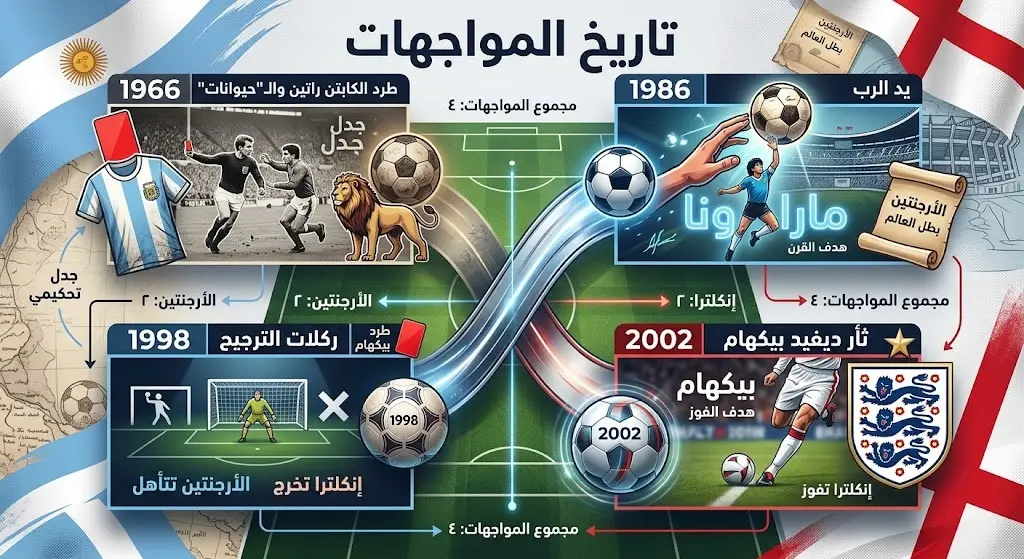 تصميم جرافيكي يستعرض المحطات التاريخية البارزة في مواجهات الأرجنتين وإنجلترا في بطولات كأس العالم منذ عام 1966.