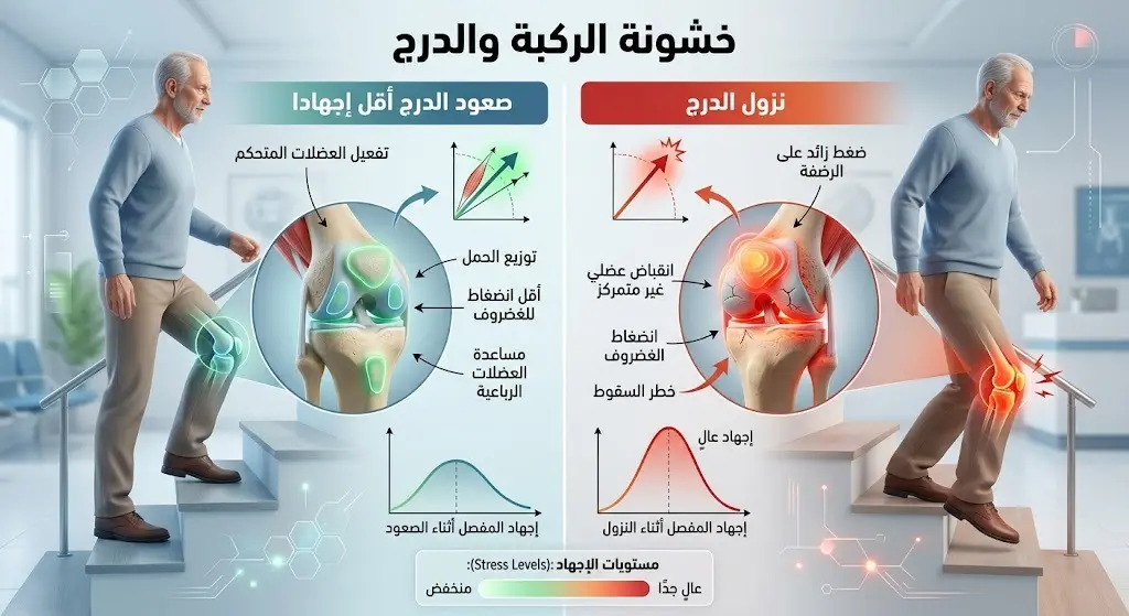 إنفوجرافيك طبي يوضح الفرق في مستوى الإجهاد على مفصل الركبة عند صعود الدرج مقارنة بالنزول لمرضى الخشونة.