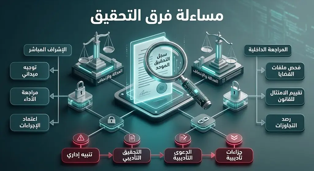 تصميم بصري يعبر عن هيكلية الإشراف المباشر على المحققين ورجال الضبط الجنائي لضمان النزاهة والشفافية.