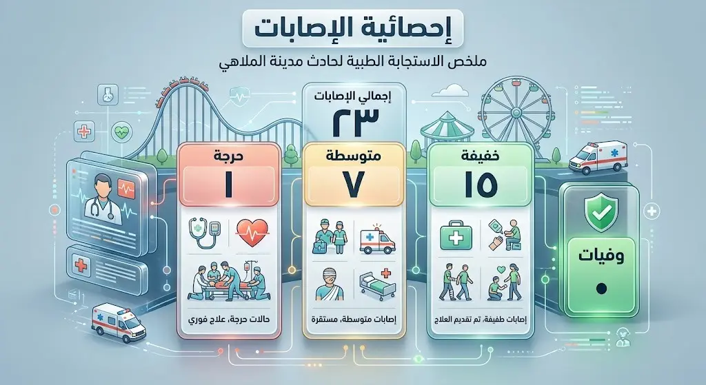 إنفوجرافيك يوضح إحصائيات الإصابات وتصنيفاتها الطبية إثر حادثة اللعبة الترفيهية في أبها