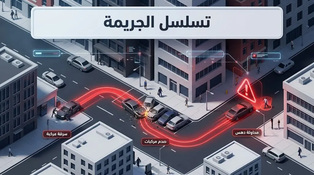 تصميم ثلاثي الأبعاد يوضح التسلسل الإجرامي لحادثة سرقة مركبة وصدم مركبات أخرى ومحاولة دهس المالك.