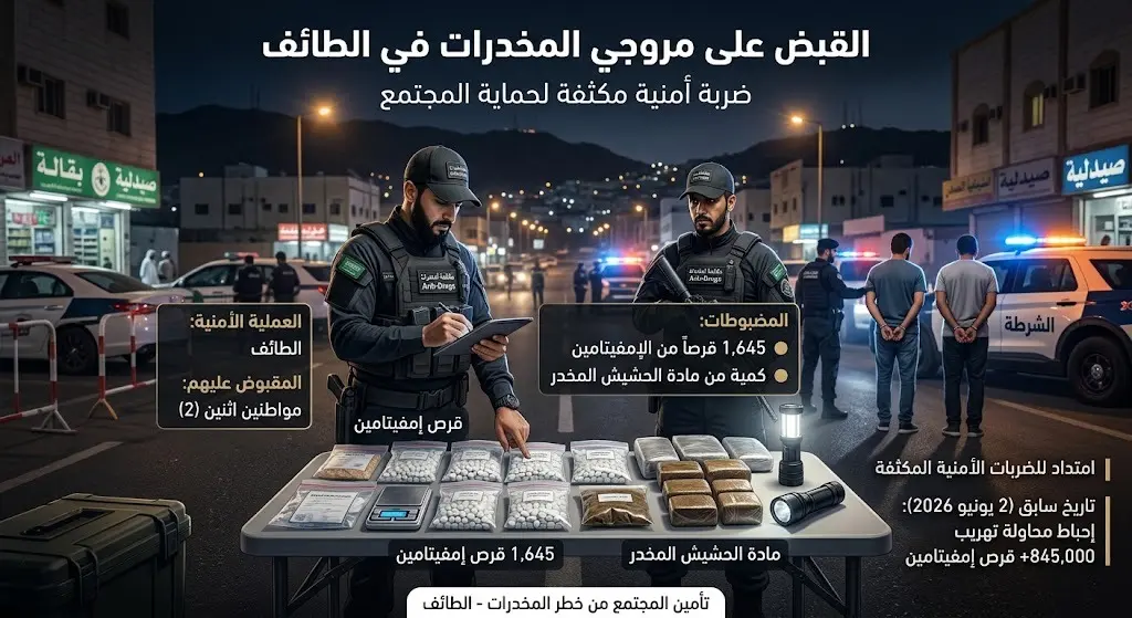 الإطاحة بمروجي مخدرات في الطائف وضبط آلاف الأقراص الممنوعة ضمن ضربات أمنية مكثفة لحماية المجتمع