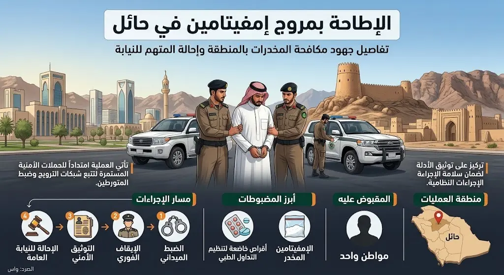 الإطاحة بمواطن في حائل لتورطه في ترويج الإمفيتامين المخدر وإحالته إلى النيابة العامة