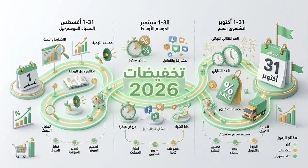 إنفوجرافيك زمني إبداعي يوضح بداية ونهاية موسم تخفيضات 2026 من 1 أغسطس حتى 31 أكتوبر.