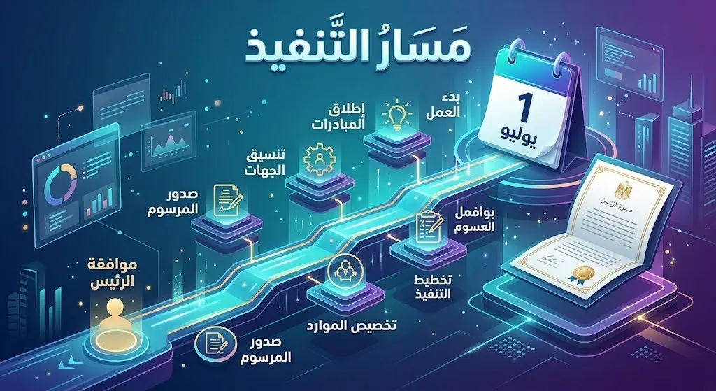 تصميم غرافيكي يوضح مسار الإعلان الرئاسي لتعيين رئيسة الوزراء وتاريخ بدء التنفيذ في الأول من يوليو.