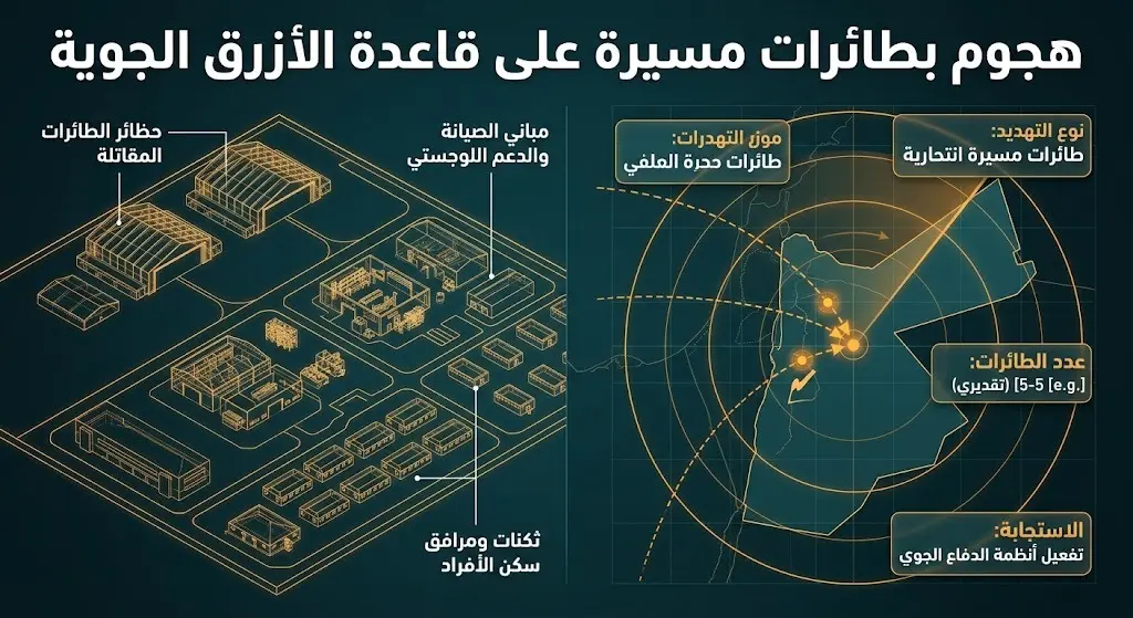 تصميم معلوماتي يعرض المرافق المستهدفة في قاعدة الأزرق الجوية بالأردن، والتي تركزت على حظائر الطائرات العسكرية، ومرافق الصيانة، والثكنات.