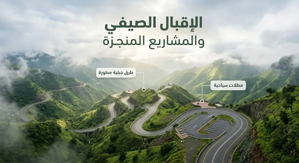 تصميم بصري يدمج بين جمال جبال السروات الخضراء والضباب في عسير مع نصوص معلوماتية توضح تطوير الطرق والمطلات السياحية.
