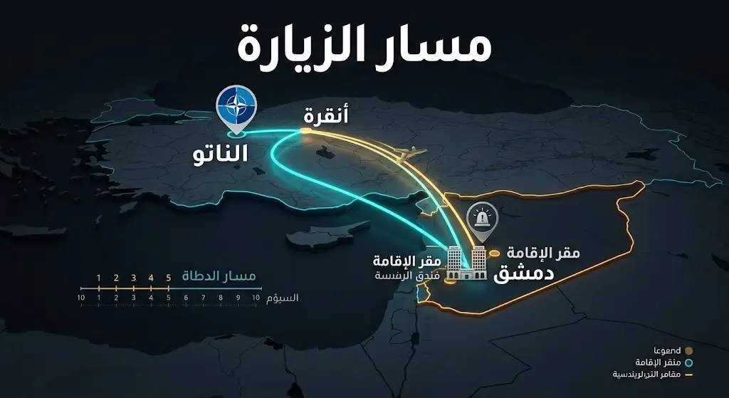 خريطة إنفوجرافيك توضح مسار زيارة الرئيس الفرنسي في دمشق وتوجهه لاحقاً إلى قمة الناتو في أنقرة.