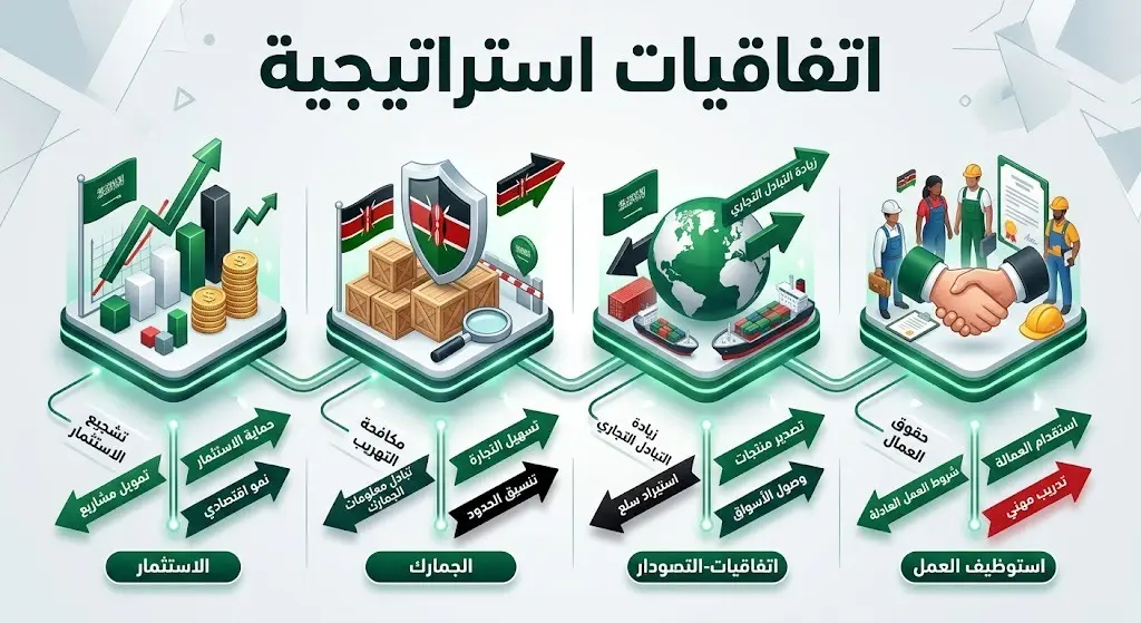 إنفوجرافيك يوضح الاتفاقيات ومذكرات التفاهم الأربع الموقعة بين المملكة العربية السعودية وجمهورية كينيا في مجالات الاستثمار والجمارك والعمل والتبادل التجاري.
