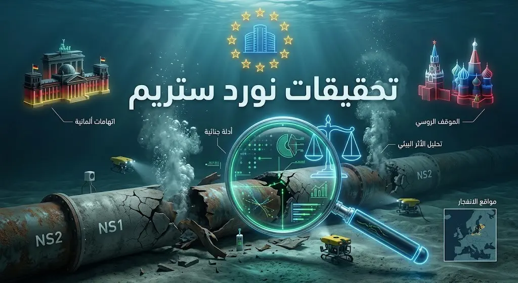 صورة تعبيرية وإنفوجرافيك يوضح تحقيقات تفجير خطوط نورد ستريم وتأثيرها على العلاقات الدولية مع نصوص عربية توضيحية.