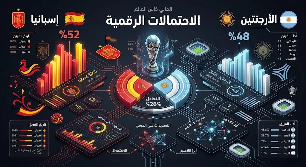 إنفوجرافيك يوضح الاحتمالات الرقمية لنتيجة مباراة إسبانيا والأرجنتين في نهائي كأس العالم 2026