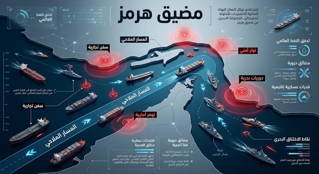 إنفوجرافيك أو خريطة ثلاثية الأبعاد توضح التوترات الأمنية وتوزيع مسارات السفن في مضيق هرمز وسط التهديدات الملاحية.