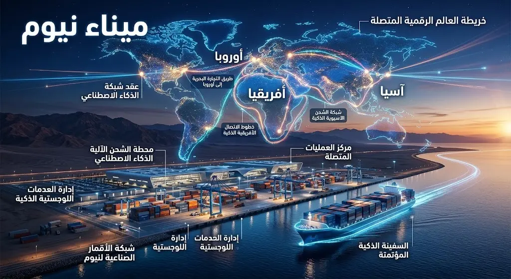 تصميم إنفوجرافيك يوضح موقع ميناء نيوم الاستراتيجي وارتباطه بخطوط التجارة العالمية في آسيا وأفريقيا وأوروبا بالاعتماد على الذكاء الاصطناعي.