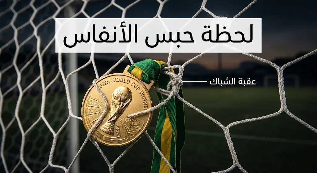 لقطة مقربة تظهر ميدالية ذهبية بشريطها عالقة ومتشابكة في شباك المرمى، لتعبر عن لحظة الارتباك التي تعرض لها الحارس.