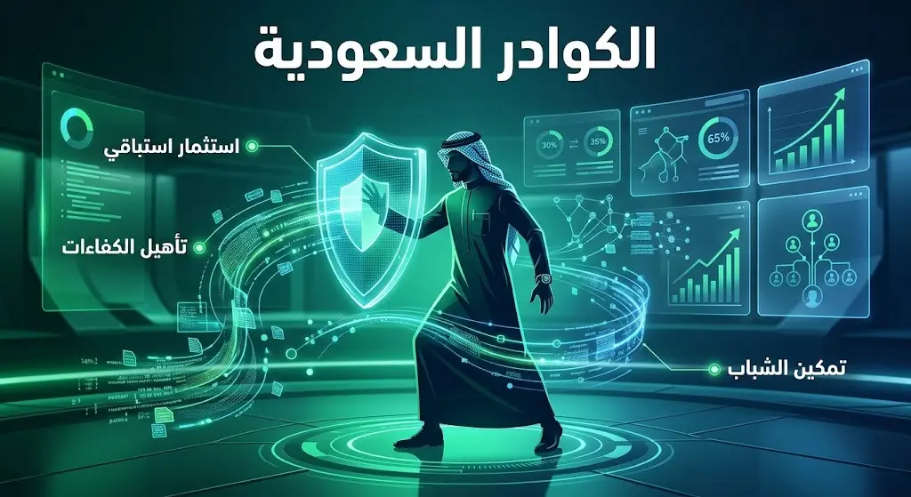 تصميم إبداعي يبرز الاستثمار في الكوادر الوطنية السعودية الشابة في مجال الأمن السيبراني عبر دمج العناصر البشرية بالتقنية المتقدمة.