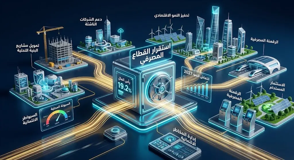 تصميم إبداعي يربط بين المشاريع التنموية الحديثة وشبكات البيانات المالية، مع إبراز قوة القطاع المصرفي برأس مال 19.2%.