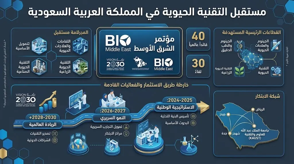 تصميم بصري يستعرض حجم الاستثمارات، اللقاءات الإستراتيجية، وموعد استضافة المملكة لمؤتمر BIO الشرق الأوسط 2026.