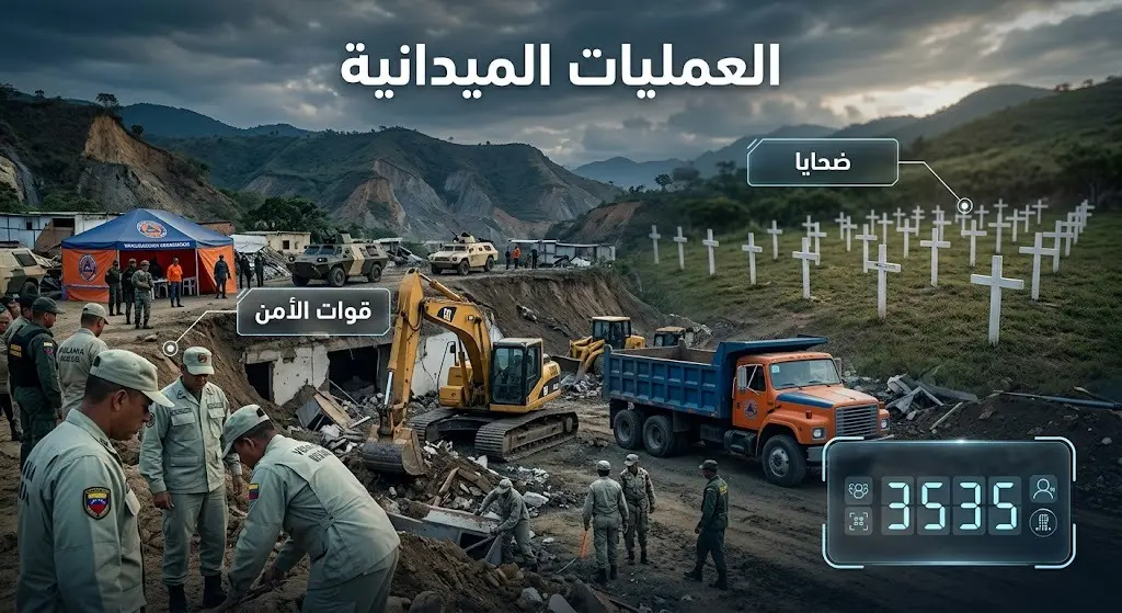 تصميم غرافيكي يدمج بين مشاهد الدمار والعمليات الميدانية العسكرية مع أرقام توضح حصيلة ضحايا الزلزال في فنزويلا.