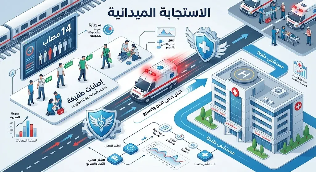 إنفوجرافيك يوضح تفاصيل الاستجابة الطبية لحادث القطار، مبرزاً نقل 14 شخصاً بإصابات طفيفة إلى مستشفى طنطا العام.