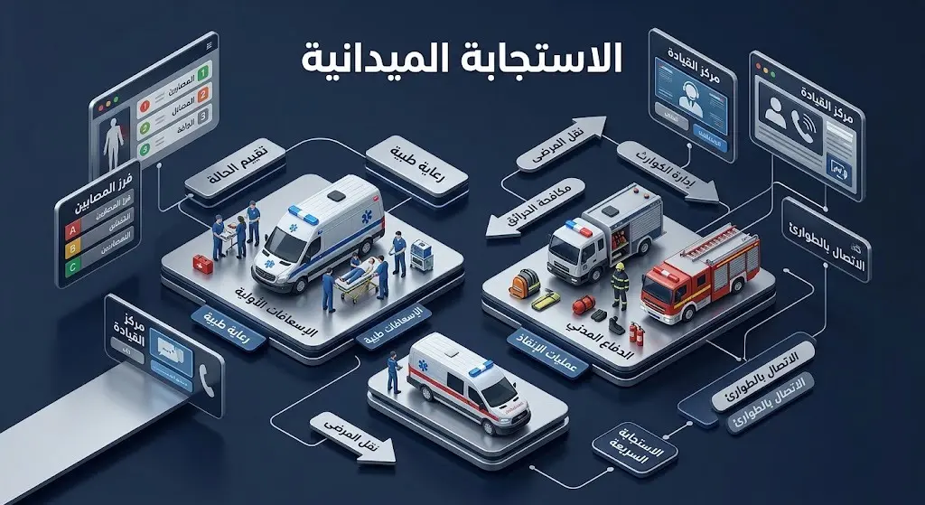 إنفوجرافيك يوضح الاستجابة الميدانية السريعة لفرق الدفاع المدني والإسعاف للتعامل مع الحوادث وتقديم الرعاية الطبية اللازمة.