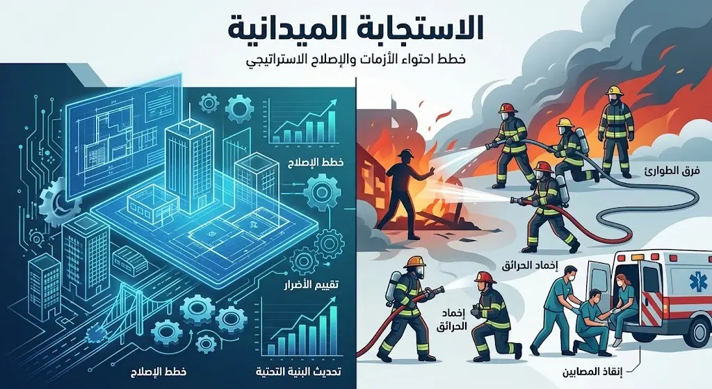 تصميم معلوماتي يبرز جهود فرق الطوارئ والإطفاء بالتوازي مع الخطط الهندسية لإصلاح المرافق