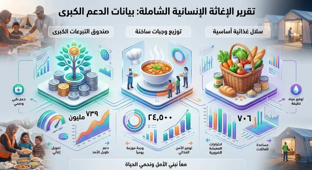 إنفوجرافيك يستعرض أرقام وإحصائيات الحملة الإغاثية، متضمناً أعداد الوجبات الساخنة، السلال الغذائية، وحجم التبرعات لتلبية الاحتياجات اليومية.