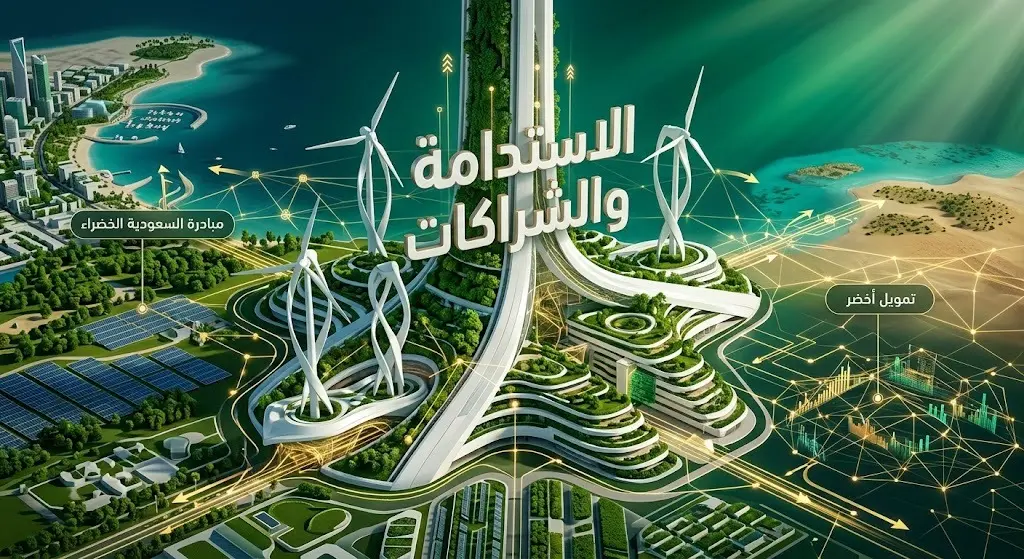 تصميم إبداعي يرمز للاستدامة والتمويل الأخضر في المملكة عبر دمج العمارة الحديثة الصديقة للبيئة مع شبكات رقمية مضيئة تعبر عن الشراكات.
