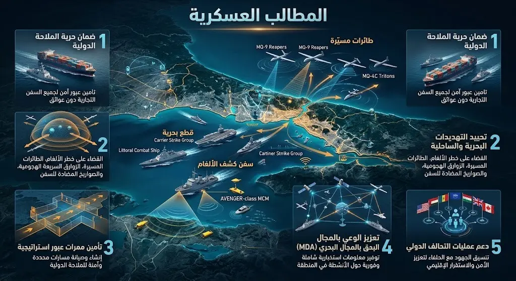 إنفوجرافيك يوضح الأصول العسكرية المطلوبة لتأمين الملاحة البحرية، وتشمل كاسحات الألغام والطائرات المسيّرة