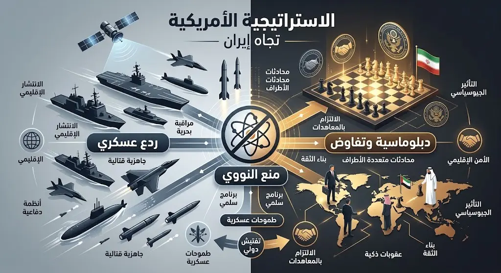 تصميم مفاهيمي يبرز ملامح الاستراتيجية الأمريكية التي تجمع بين الردع العسكري الموجه والمساعي الدبلوماسية.