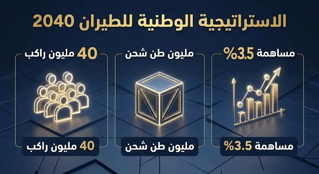 إنفوجرافيك يستعرض أهداف الاستراتيجية الوطنية للطيران 2040 في سلطنة عُمان وتشمل الركاب والشحن والناتج المحلي