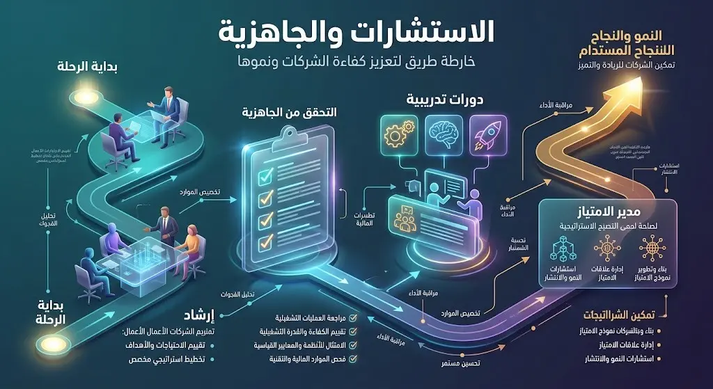 إنفوجرافيك احترافي يعرض مسارات الاستشارات والتحقق من جاهزية العلامات التجارية وبرامج التدريب.