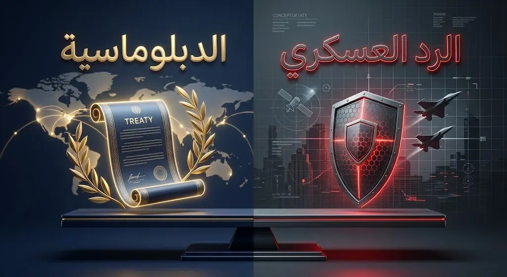 تصميم بصري يعبر عن توازن الاستراتيجية الأمريكية بين الخيارات الدبلوماسية والاستعداد للرد العسكري.