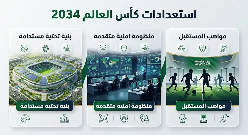 بطاقة معلومات بصرية تستعرض ركائز الاستعدادات السعودية لمونديال 2034، وتشمل البنية التحتية المستدامة، المنظومة الأمنية، وتطوير المواهب.