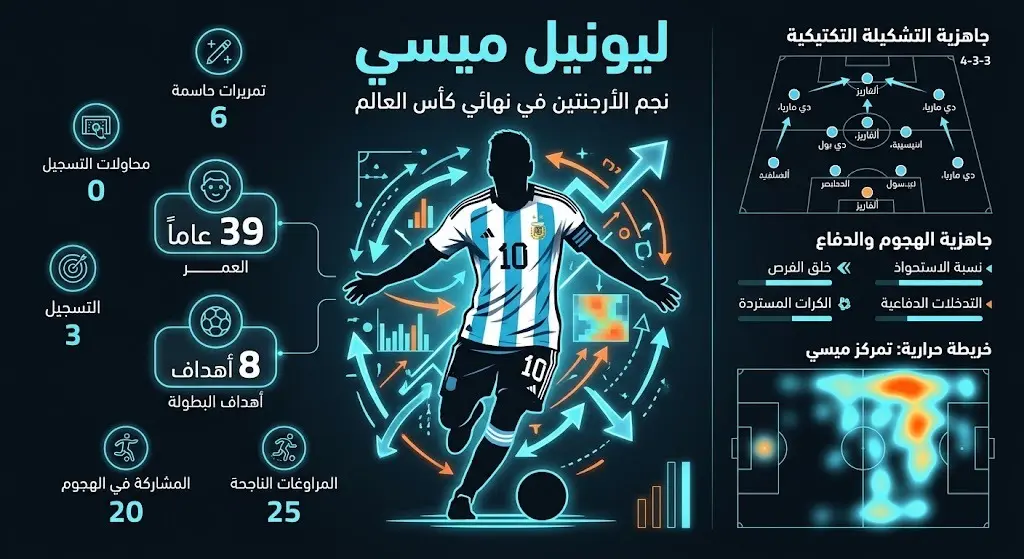 إنفوجرافيك رياضي يبرز أرقام وإحصائيات ليونيل ميسي وجاهزية الأرجنتين التكتيكية لنهائي المونديال.