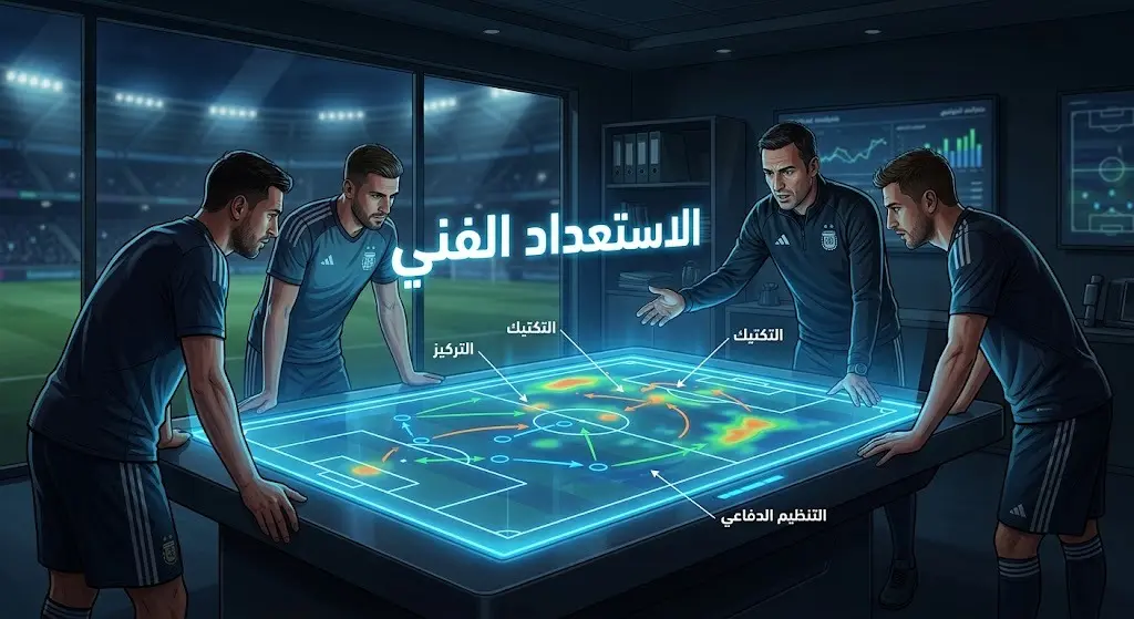 تصميم تعبيري يظهر لوحة تكتيكية رقمية تعكس الاستعدادات الفنية للمنتخب المغربي