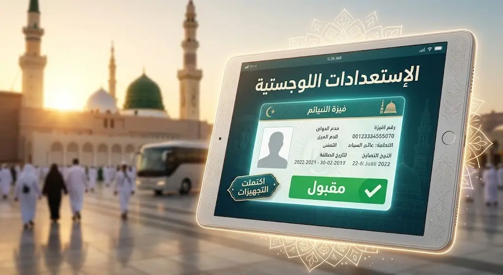 تصميم تعبيري يظهر الاستعدادات الرقمية واللوجستية واكتمال استخراج تأشيرات المعتمرين