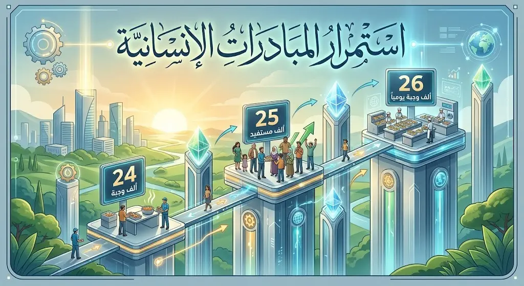 تصميم بياني يبرز تسلسل المبادرات الإنسانية السعودية وتزايد أعداد المستفيدين من الوجبات الساخنة يومياً